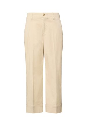 Pantaloni beige a gamba dritta con orli risvoltati, passanti per cintura, chiusura frontale con bottone e cerniera, mostrati su uno sfondo bianco.