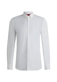 White long-sleeve shirt with a button-up collar, featuring a smooth texture, straight cut, and subtle detail along the front placket.