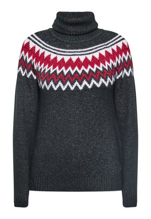 Mørkegrå rullekrave sweater med rød, hvid og sort zigzag mønster over bryst og skuldre, lange ærmer samt ribstrikkede manchetter og kant.