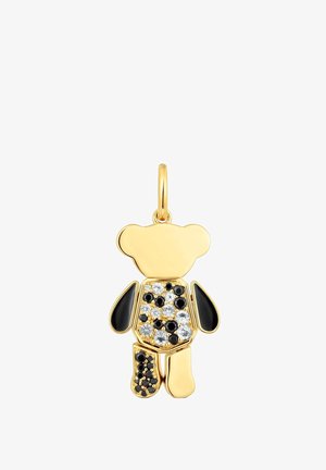 Charm de oso en tono dorado con detalles en esmalte negro y adornos de cristales claros, negros y blancos en el cuerpo.
