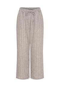 Linnedragt i en let brun og cremefarvet vertikal stribet mønster. Har en elastisk talje med snore.