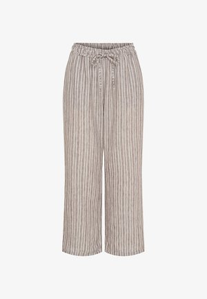 Linnedragt i en let brun og cremefarvet vertikal stribet mønster. Har en elastisk talje med snore.