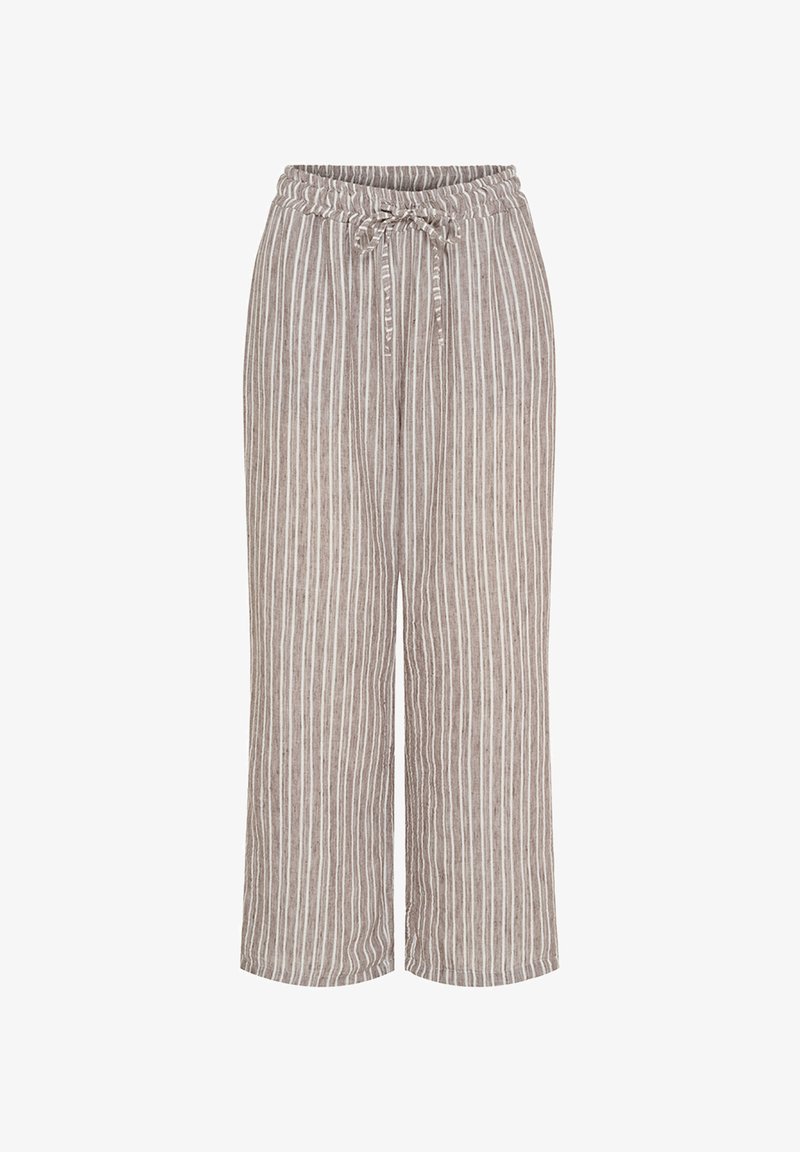 Linnedragt i en let brun og cremefarvet vertikal stribet mønster. Har en elastisk talje med snore.