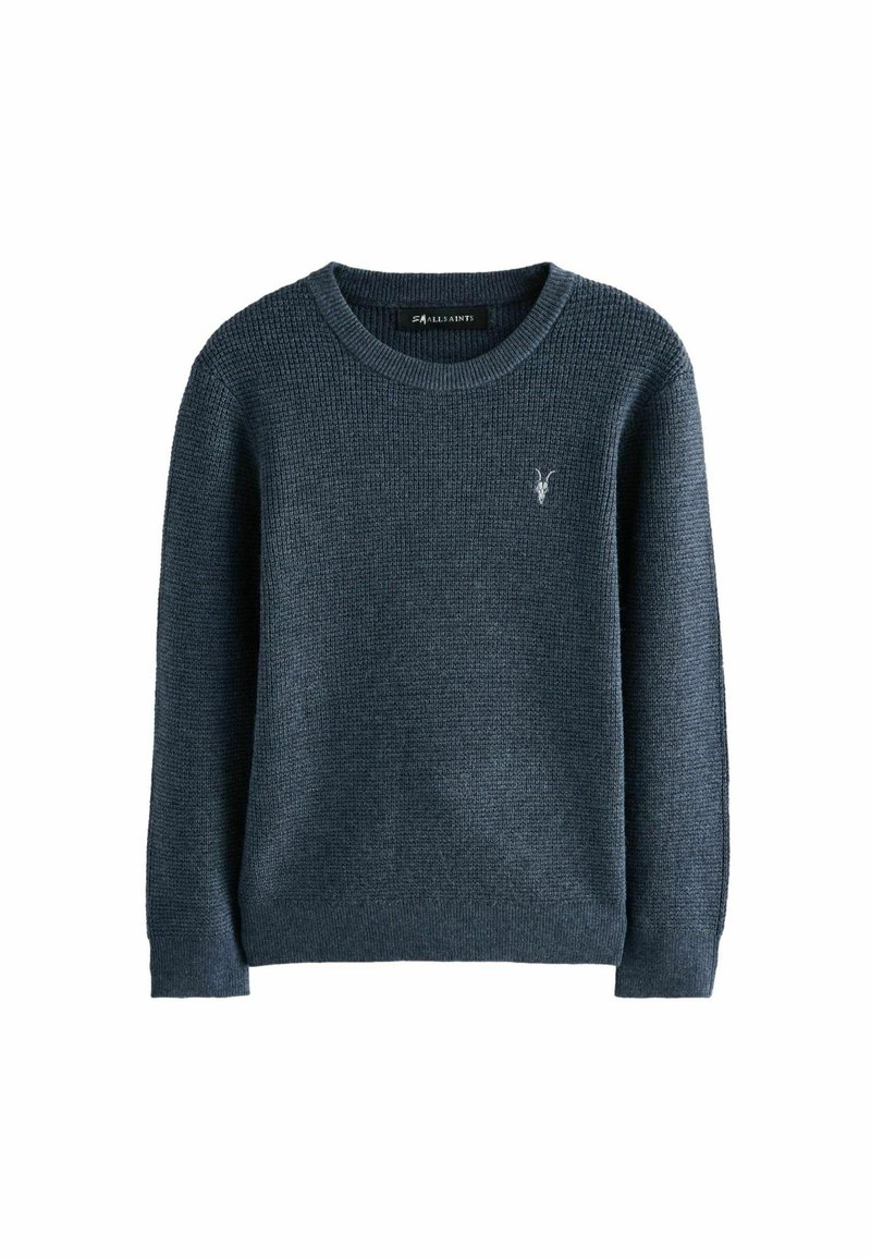 Maglione lavorato a maglia blu scuro con collo rotondo, maniche lunghe e un piccolo logo decorativo sul petto. Motivo testurizzato su tutto il capo.