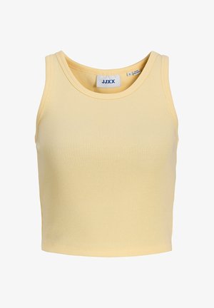 Gele ribgebreide tanktop met een ronde hals en mouwloos ontwerp. Voorzien van een label met logo aan de binnenkant. Zachte textuur, nauwsluitende pasvorm.