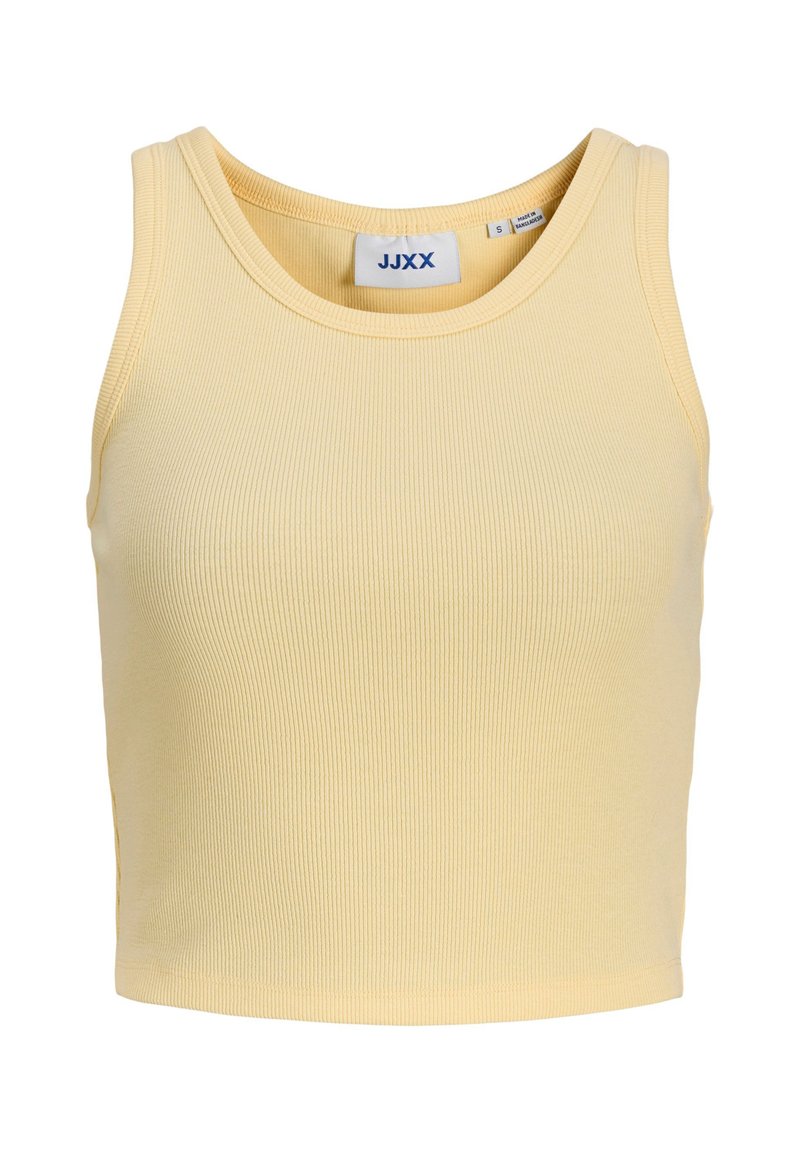 Débardeur jaune côtelé avec un col rond et une coupe sans manches. Présente une étiquette avec logo à l'intérieur. Texture douce, coupe ajustée.