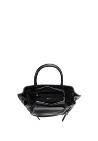 Zwarte leren handtas met een gestructureerd ontwerp, voorzien van een ruime binnenkant, gouden accenten en een ritsvak voor organisatie.