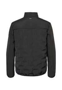 Zwarte gewatteerde jas met lange mouwen, hoge kraag en een klein driekleurig logo op de bovenrug, gezien vanaf de achterkant.