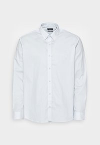 Světle modrá košile s dlouhými rukávy na knoflíky z hladké látky, s klasickým límečkem, zapínáním na knoflíky vpředu a rovnými manžetami.