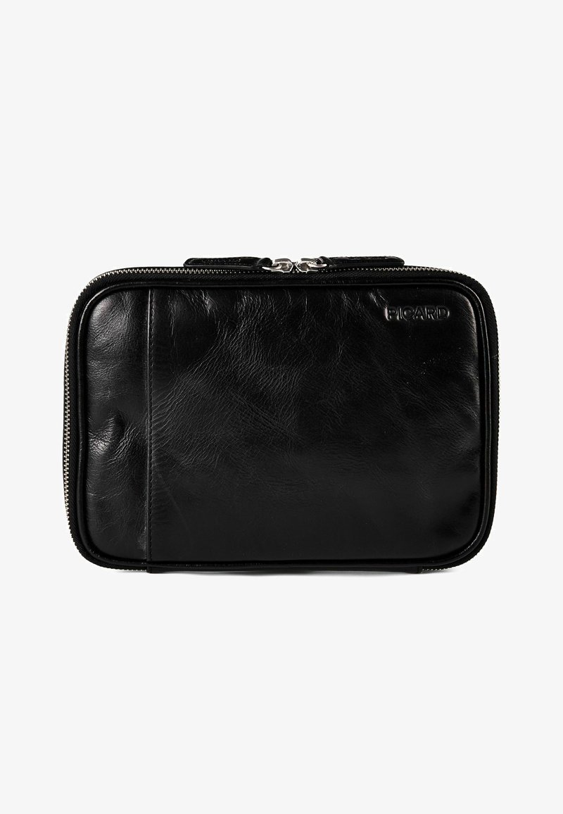 Pochette rectangulaire en cuir noir avec fermeture éclair et logo « PICARD » embossé en haut à droite.