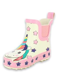 Ein gummierter Regenstiefel mit Einhorn-Thema, weiß mit pinken Akzenten. Verfügt über eine Einhorn-Illustration, Sternmuster und eine strukturierte Sohle für besseren Halt.