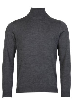 Maglione grigio scuro con colletto alto, maniche lunghe e texture liscia. Accenti a coste sottili al colletto e ai polsini.