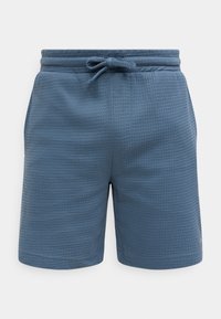 Light blue textured shorts with an elastic waistband and adjustable drawstring, featuring a grid-like pattern and a relaxed fit.
