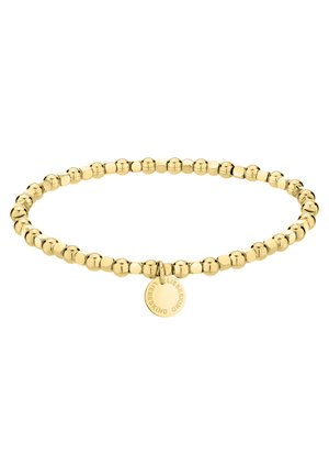 Gouden kralenarmband met een gladde, glanzende afwerking. Bevat een kleine, ronde bedel met de gravure "LIEBESKIND." Constante vorm en textuur door de gehele armband.
