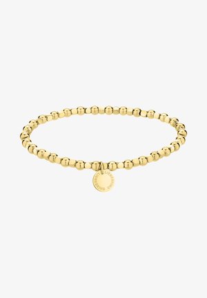 Goldene Perlenarmband mit einer glatten, glänzenden Oberfläche. Verfügt über einen kleinen, runden Anhänger, der mit "LIEBESKIND" graviert ist. Konsistente Form und Textur.