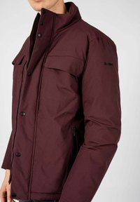 Giacca trapuntata bordeaux con colletto alto, bottoni a pressione neri e due tasche sul petto. Presenta un logo sulla manica superiore e tasche laterali con zip.
