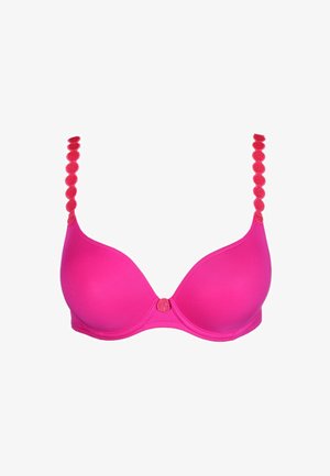 Sujetador con copa moldeada de color rosa brillante con aros y detalles decorativos redondos en las tiras y en el centro delantero.