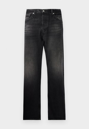 Black denim jeans with a straight leg fit, featuring a faded gradient effect, five-pocket design, and metal hardware accents.