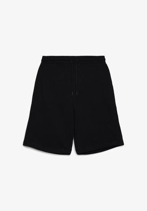 Pantaloncini neri in cotone con vita elastica e coulisse. Il design presenta una vestibilità ampia, una texture liscia e un taglio dritto fino al ginocchio.