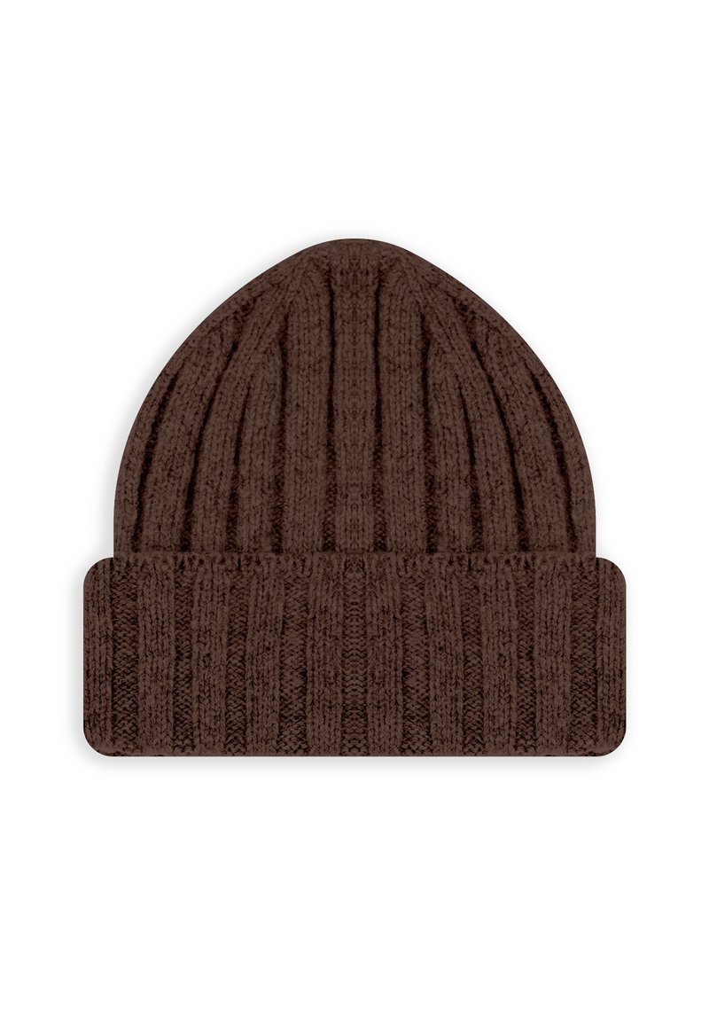 Beanie marrone scuro lavorato a maglia con motivo a costine verticali e risvolto, mostrato su uno sfondo bianco.