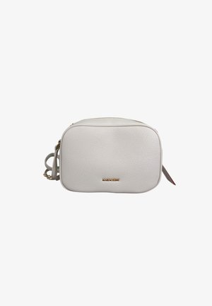 Piccola borsa a tracolla rettangolare in pelle bianca con cerniera dorata, tracolla regolabile e "MARIAGELSE" inciso in oro sul davanti.