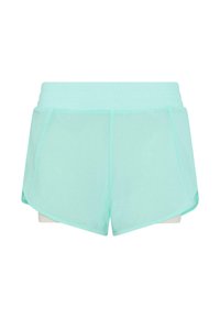 Svijetloplave atletske shorts hlače glatke teksture, sa širokim pojasom i koso postavljenim bočnim panelima za dodatnu pokretljivost.