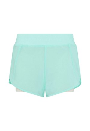 Light blue athletic shorts with a smooth texture, featuring a wide waistband and slanted side panels for added mobility.