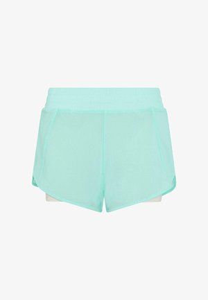 Gaiši zili sporta šorti ar gludu tekstūru, ar plata josta un slīpām sānu daļām, kas nodrošina papildu kustību brīvību.