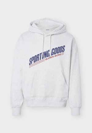 Világosszürke kapucnis pulóver elülső zsebbel, rajta kék és piros szögben elhelyezett "SPORTING GOODS BJÖRN BORG" felirat a mellrészen.