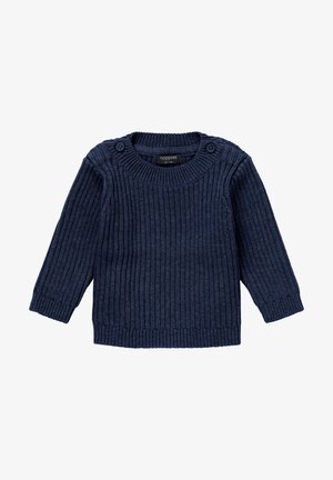 Pull bébé en maille côtelée bleu marine avec manches longues et deux boutons sur l'épaule, taille 56 pour 1 à 3 mois.
