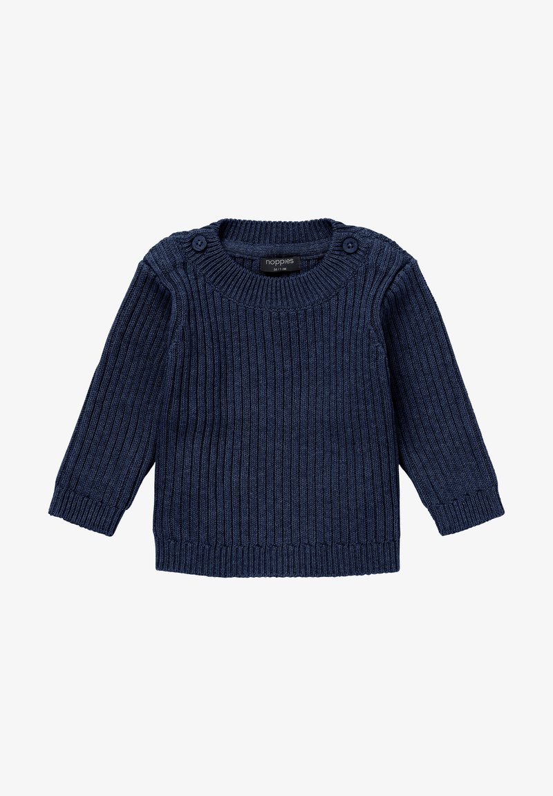 Pull bébé en maille côtelée bleu marine avec manches longues et deux boutons sur l'épaule, taille 56 pour 1 à 3 mois.
