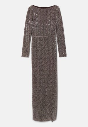 Φόρεμα μακρυμάνικο, εφαρμοστό, φτιαγμένο από γυαλιστερό, υφασμάτινο ύφασμα με καστανό λαιμό και ίσια γραμμή, που διαθέτει μεταλλικές λεπτομέρειες.
