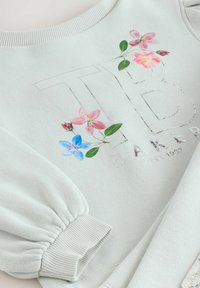 Jasno miętowy sweatshirt z kwiatowym haftem w odcieniach różu i niebieskiego. Posiada ribbowe wykończenie dekoltu i mankietów, gładką teksturę oraz oversize'owe rękawy.