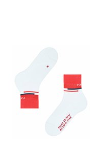 Calze bianche con accenti rossi e blu, dotate di polsini a coste e marchio stampato. La calza sinistra mostra la lettera "R" per il piede destro.