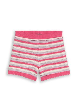 Gestrickte Shorts mit horizontalen Streifen in Pink, Weiß und Lavendel, mit pinkem Bund und geschwungenen Säumen.