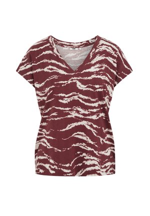 Majica z kratkimi rokavi in V-izrezom z bordo in belim abstraktnim vzorcem tigrovih prog na ravni belem ozadju.