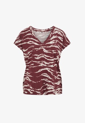 Maglietta a maniche corte con scollo a V, motivo astratto a strisce di tigre bordeaux e bianco su uno sfondo bianco piatto.