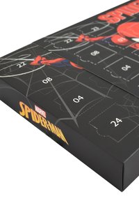Black Spider-Man advent calendar with bold red graphics and white numbers on a web background. Features 24 numbered compartments.