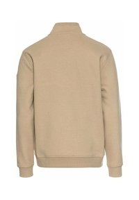 Beige sweatshirt met een hoge kraag, ribgebreide manchetten en zoom. Vlotte textuur met minimale naden en geen zichtbare logo's of patronen.