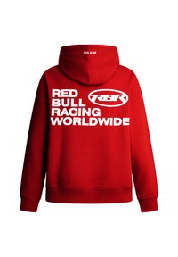 Rote Kapuzenjacke mit großem weißem Text "RED BULL RACING WORLDWIDE" und Logo, aus weichem Stoff mit lockerer Passform.