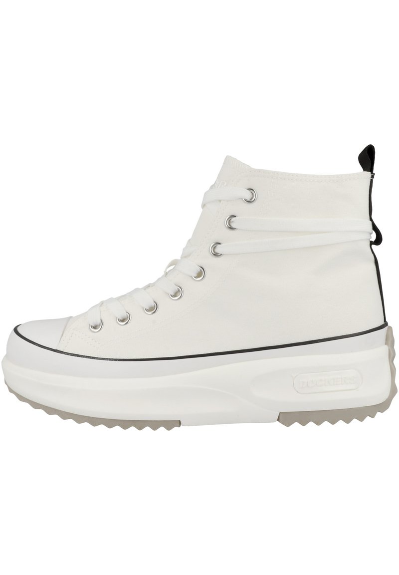 White high-top sneakers made of canvas, featuring metal eyelets, white laces, black accents, and a thick treaded sole with a light gray base.