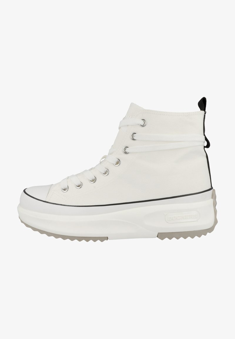 White high-top sneakers made of canvas, featuring metal eyelets, white laces, black accents, and a thick treaded sole with a light gray base.