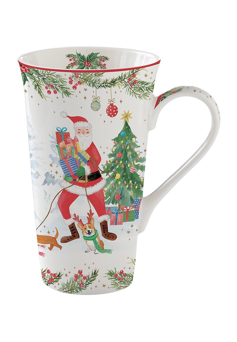 Grande tasse en céramique blanche avec des décorations de Noël, un Santa tenant des cadeaux, un arbre décoré, et deux chiens portant des écharpes d'hiver.