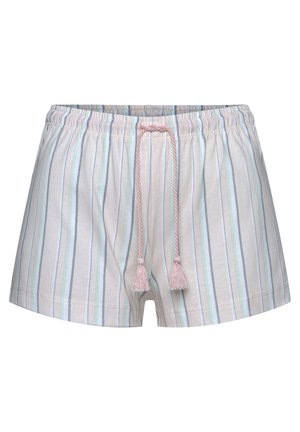Lyse farvede dame shorts med lodrette pastelfarvede striber og en pink snor i den elastiske talje.
