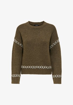 Olive green knitted sweater with a round neckline, loose fit, and white cross-stitch detailing on the sleeves and hem.