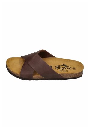 Brown leather slide sandal with crossed straps, cork footbed, and black sole, size 38, marked "PLAKTON" and "Made in Spain".