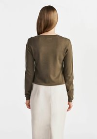 Oliwkowa, długorękawowa bluza z okrągłym dekoltem, z delikatnymi detalami na ramionach. Noszona z jasną spódnicą.