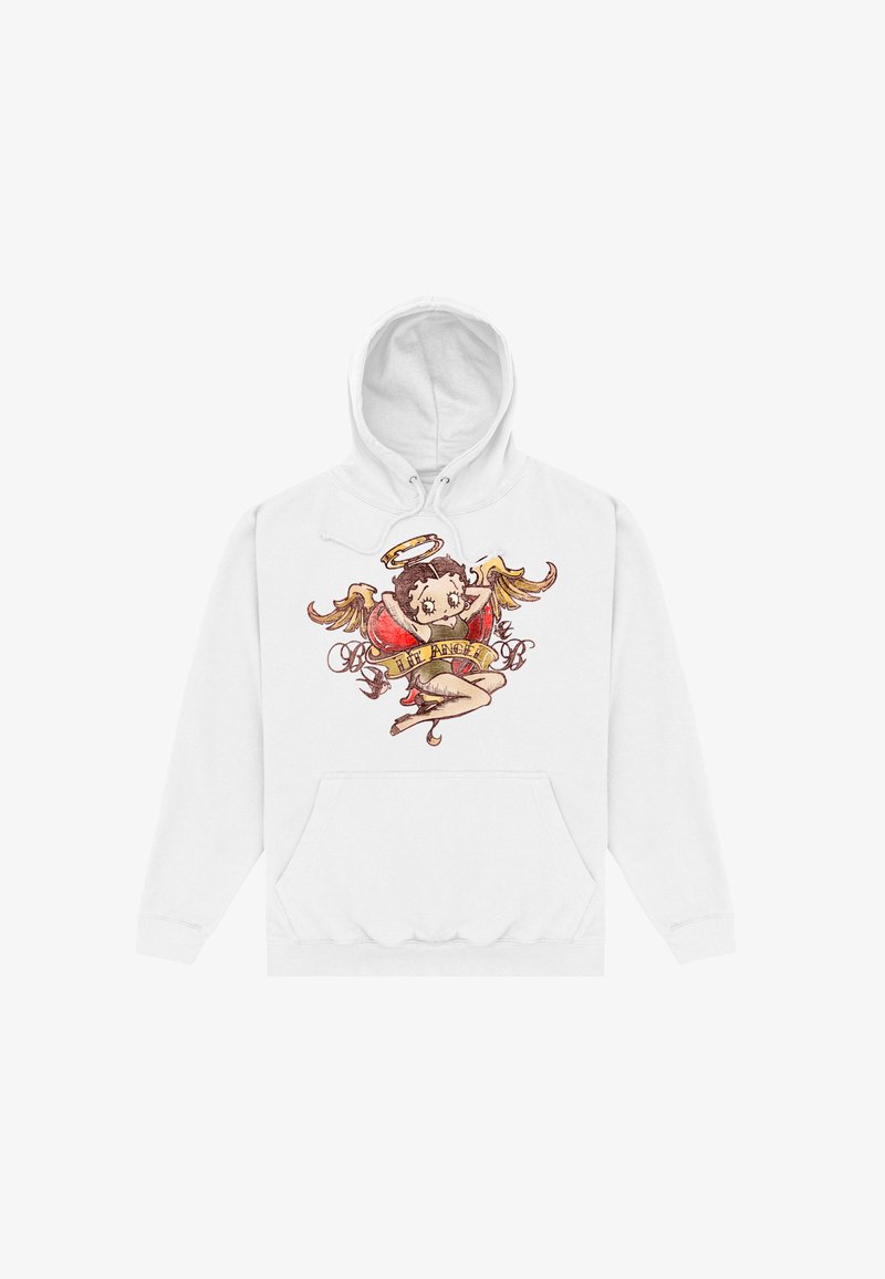 Sweat à capuche blanc avec un personnage d'ailes d'ange dessin animé tenant une bannière sur laquelle est écrit « Salut Ange » dans un style vintage au centre avant.