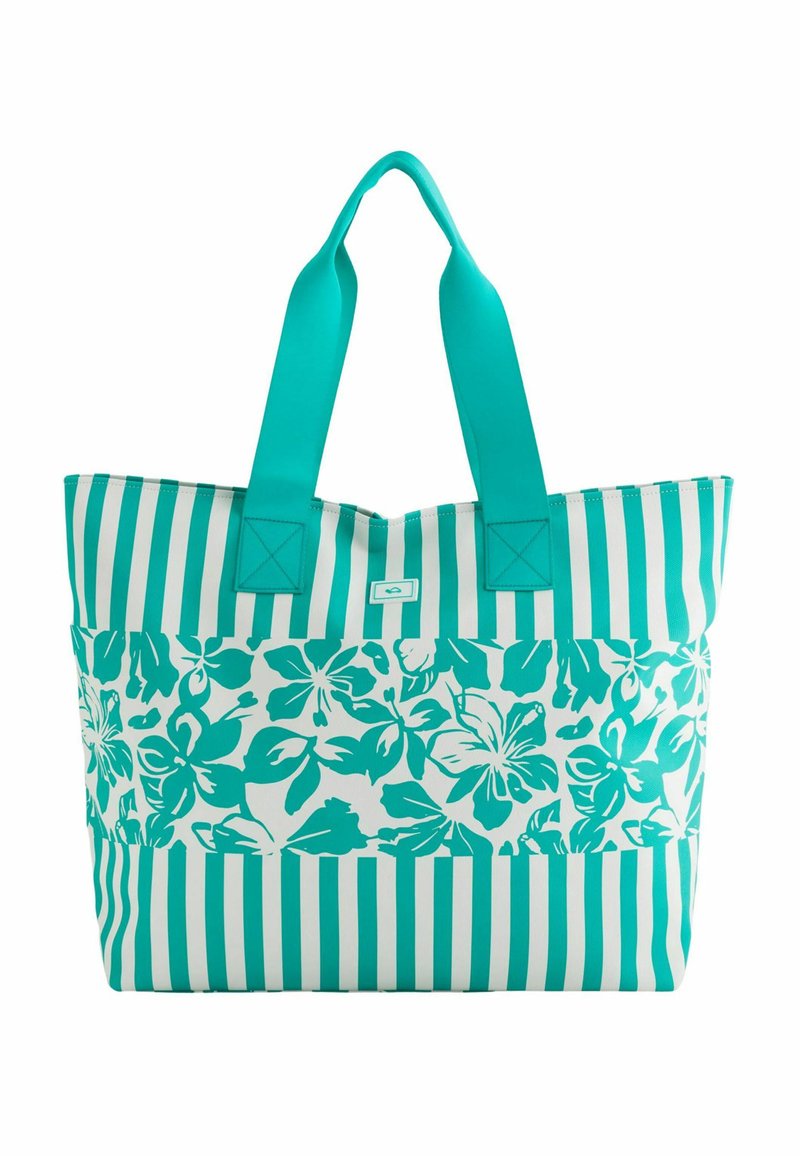 Turkusowa torba na ramię z kwiecistym wzorem na dolnej połowie i pionowymi paskami na górnej połowie. Posiada solidne, dopasowane uchwyty.
