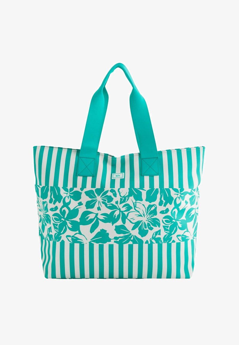 Turkusowa torba na ramię z kwiecistym wzorem na dolnej połowie i pionowymi paskami na górnej połowie. Posiada solidne, dopasowane uchwyty.